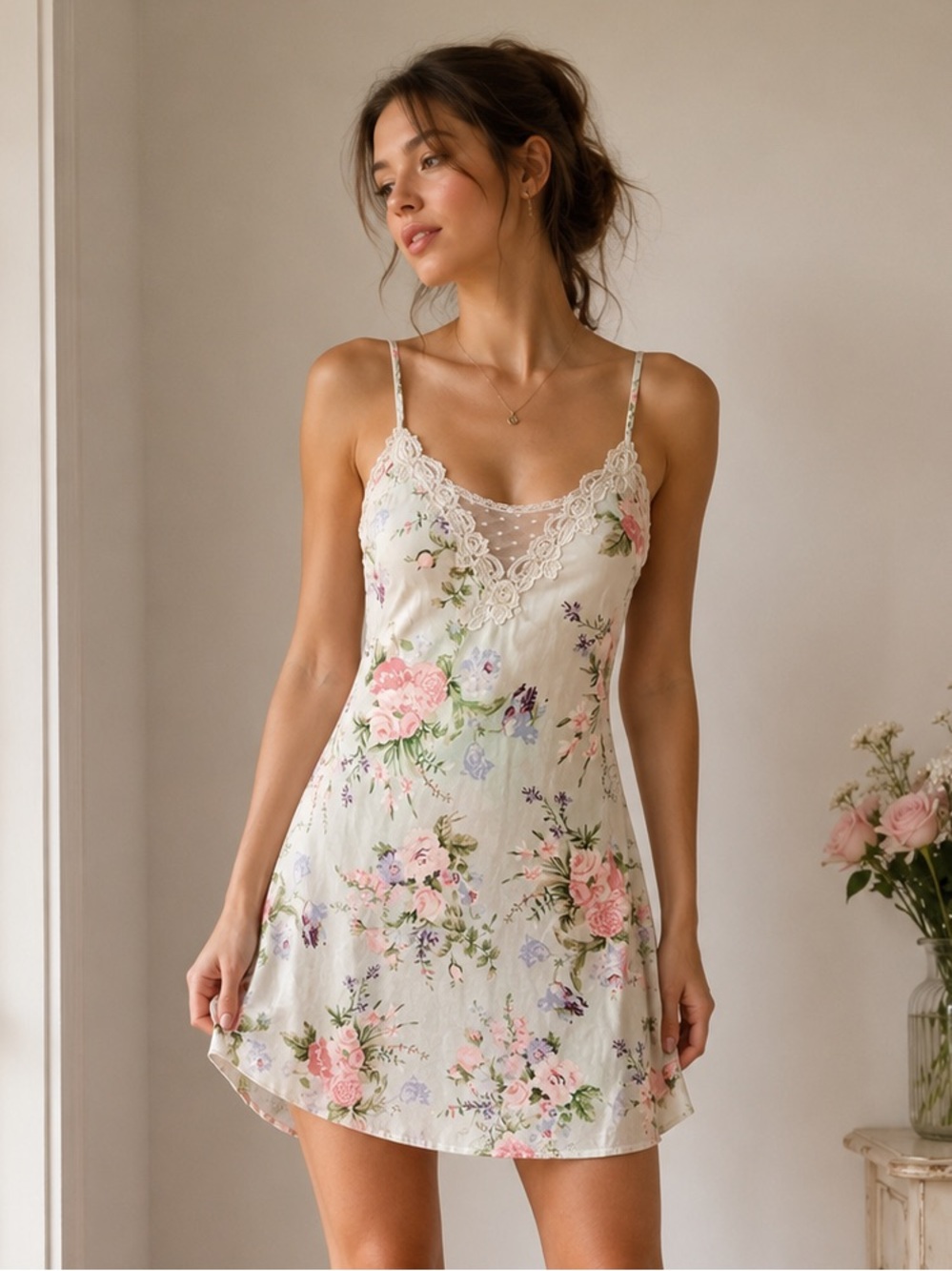 Apt. 9 Floral Lace Trim Slip Dress Medium Pastel Coquette Cottagecore